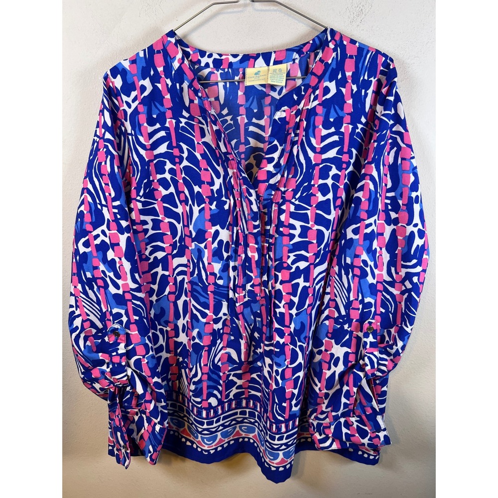 Caribbean Joe Womens Blouse Abstract Print Roll Tab Blue Pink XL